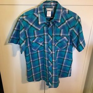 MENS LARGE WRANGLER SNAP BUTTON UP PLAID SHIRT